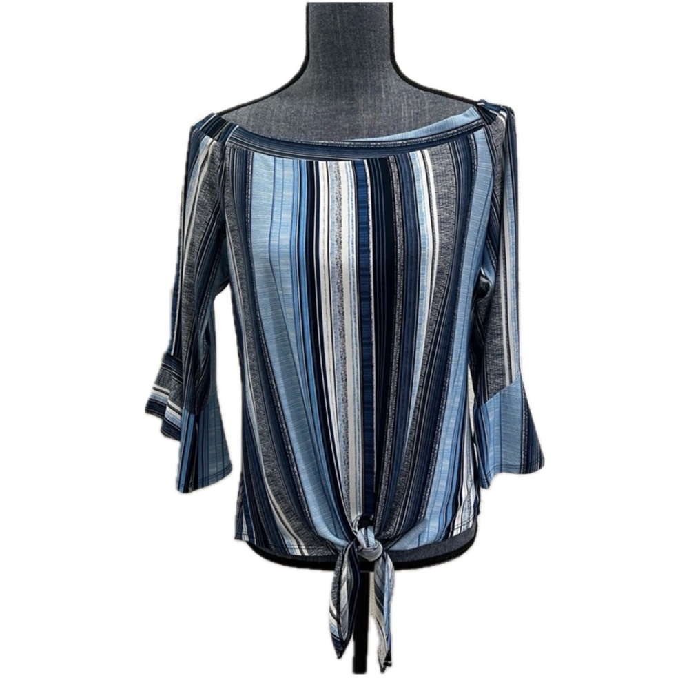🎉🎉HOST PICK🎉🎉 Veronica M Striped On or Off the Shoulder Blue Tie Front Top